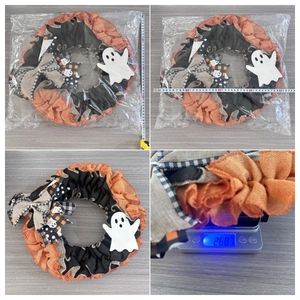 Ghost wreath measurements showing 30-32cm diameter and 268.7g weight on a scale
