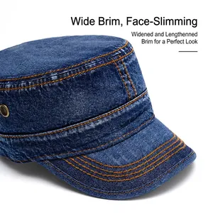 Navy blue denim flat top army cap with contrast stitching and wide brim for sun protection
