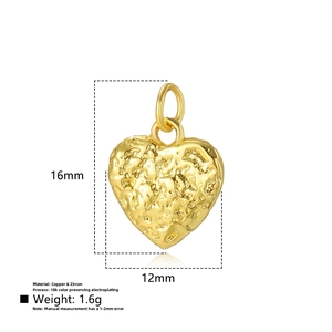 Detail of 16mm x 12mm 18K gold-plated hammered heart pendant with zircon inlay