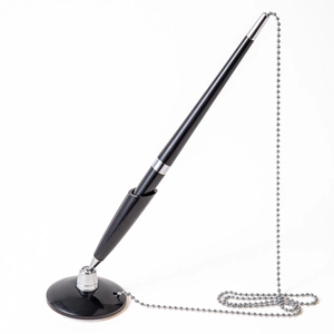 Black desk pen with silver chain and circular base for bank office counter use
