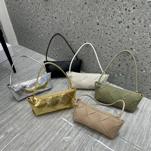 Six colors of woven leather handbags displayed on a stylish marble background
