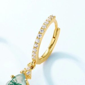 Elegant S925 silver gold-plated hoop earrings with green moss agate drop and zircons