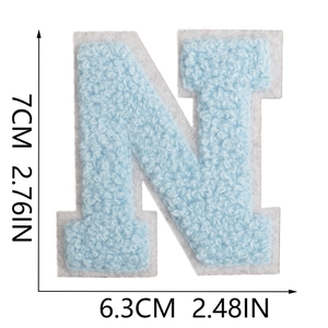 Detailed size guide for 7cm light blue chenille letter N embroidery patch with white felt
