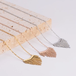 Bohemian fan-shaped fringe necklaces in gold, silver, and rose gold stainless steel