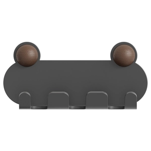Wall-mounted dark grey power plug holder with four hooks and two wood grain ball accents