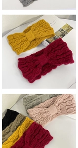 Detail view of knitted bow headbands in various colors including ginger, wine and beige