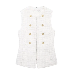Women Tweed Vest Double Breasted Gold Button Sleeveless Elegant Waist Slimming Vintage Top
