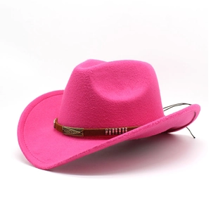 Detail of pink wool felt cowboy hat with vintage metal buckle and brown leather band