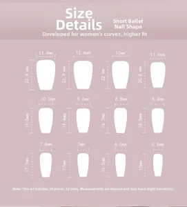 Size chart showing 24pcs short ballerina press-on nails in 12 different dimensions
