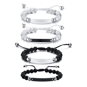 4er-Set Herren-Perlenarmbänder mit matten Onyxsteinen und gravierbaren Edelstahl-Elementen