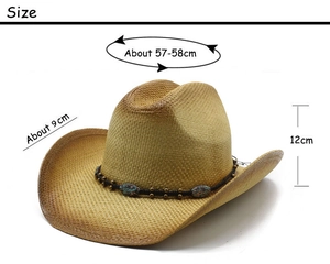 Detailed view of straw cowboy hat with turquoise beads and precise size measurements