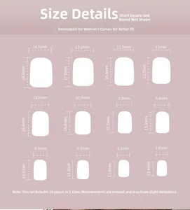 Size chart showing 24pcs short square pink press-on nails with 12 precise dimensions