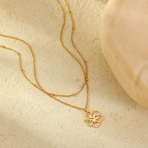 Double Layer Necklace 18K Gold Plated Stainless Steel Hollow Flower Hibiscus Pendant Personalized Trendy Jewelry Women