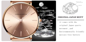 Detailed exploded view of women's gold mesh watch showing original Japan quartz movement