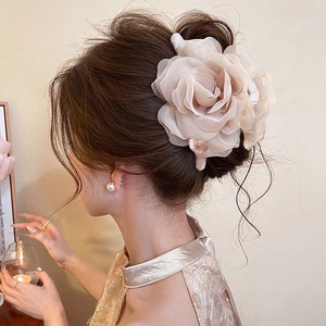 Elegant Large Rose Flower Hair Clip Mesh Organza Shark Claw With Faux Artificial Pearl For Women French Style Bun Hairstyles