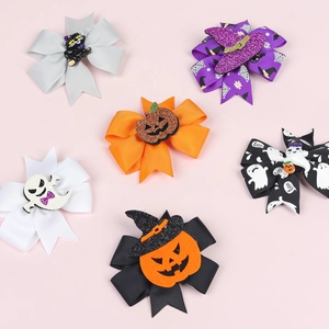 6-piece Halloween bow hair clips set featuring pumpkin, ghost, and witch hat motifs