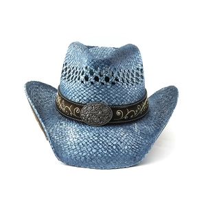 Detail of blue straw cowboy hat with brown leather band and silver vintage buckle
