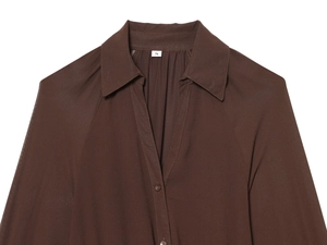 Detail of dark brown midi dress neckline with fabric texture and size S tag display