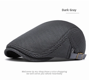 Detail of breathable dark gray mesh flat cap with bronze adjustable metal side buckle