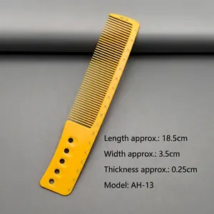 Detail view of yellow hair comb with measurements showing 18.5cm length and AH-13 model