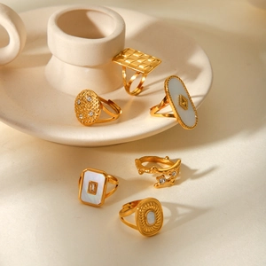 18k gold plated geometric stainless steel rings set with mother of pearl and zircon stones