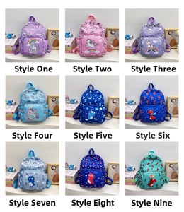 Multiple styles of colorful kids backpacks featuring dinosaur and unicorn cartoon prints