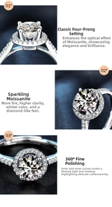 Detailed views of a 2-carat Moissanite silver ring featuring a classic four-prong setting