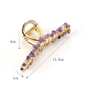 Golden alloy hair claw clip with natural amethyst purple crystals and stones, 11.5cm length