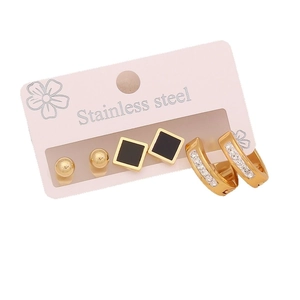 Set of 3 pairs stainless steel earrings including gold beads, black squares, and crystals