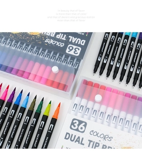 Macro detail of 36 colors dual tip art markers with brush and fine tips in a plastic box