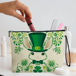 Trousse à maquillage Saint-Patrick avec motif lapin trèfle et fermeture éclair