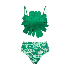 Detail of green 3D floral bikini top with high-waisted botanical print swimsuit bottoms