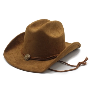 Close-up of brown suede cowboy hat featuring woven bands and embossed metal buckle