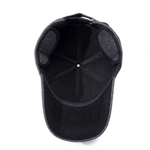 Men's winter herringbone wool baseball cap with warm ear flaps in dark grey