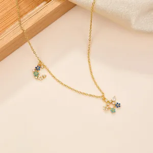 925 Sterling Silver Necklace Gold Plated Moon Star Pendant Blue White Zircon Minimalist Elegant Jewelry For Women