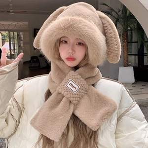 Plush bunny ear hat and scarf set in khaki faux fur for warm winter headwear