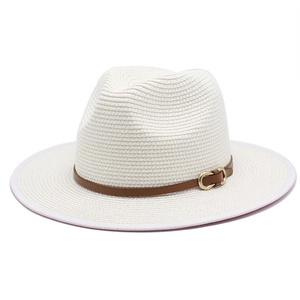 Classic white straw panama hat with brown leather band and gold horse-bit metal buckle