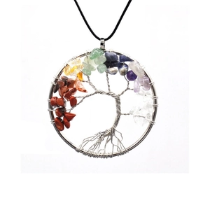 Detailed silver wire-wrapped tree of life pendant featuring colorful chakra natural stones
