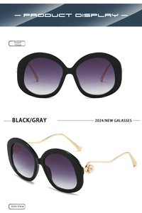 Front and side views of black oversized round sunglasses with gold pearl temples