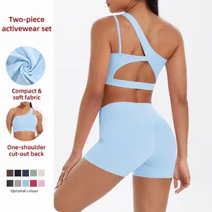 Women One Shoulder Yoga Set Cut Out Sports Bra And High Waist Shorts Top And Bottom Workout Outfit Nylon Gym Wear