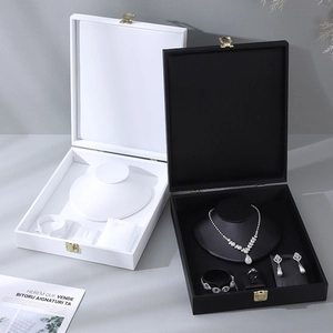 Deluxe velvet jewelry display set featuring necklace, earring, and ring tray in leather boxes