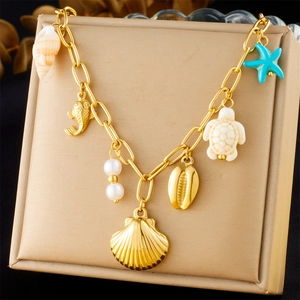 Gold Plated Stainless Steel Ocean Theme Necklace With Shell Starfish Turtle Fish Charms Faux Artificial Pearl Summer Beach Jewelry