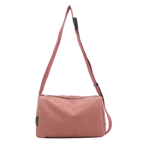 Pink corduroy large capacity crossbody tote bag with adjustable strap and fashion label