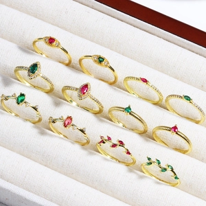 Vintage Emerald Green Rose Red Gemstone Ring Brass Gold Plated Adjustable Open Fashion Jewelry For Women