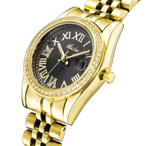 Elegant gold stainless steel women watch with black roman dial and crystal bezel