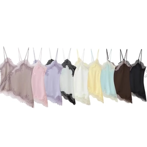 Women Lace Trim Satin Camisole Top Sexy V Neck Spaghetti Strap Irregular Hem Satin Like Sleeveless Tank Cami Vest
