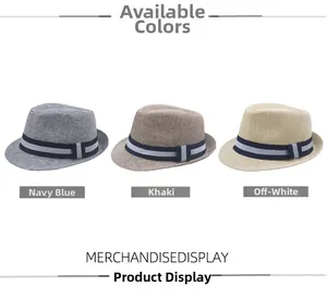 Three men's Panama straw hats in navy blue, khaki, and off-white colors on white background