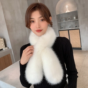 Women Faux Fox Fur Scarf Thick Warm Winter Neck Warmer Elegant Cross Over Plush Wrap Solid Color Stylish Accessory
