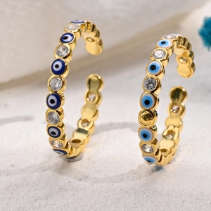 Evil Eye Adjustable Open Ring Copper Zircon Gold Plated Enamel Protection Jewelry For Women Fashion Accessory