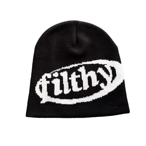 Black knit beanie hat with white filthy letter embroidery for winter outdoor warmth